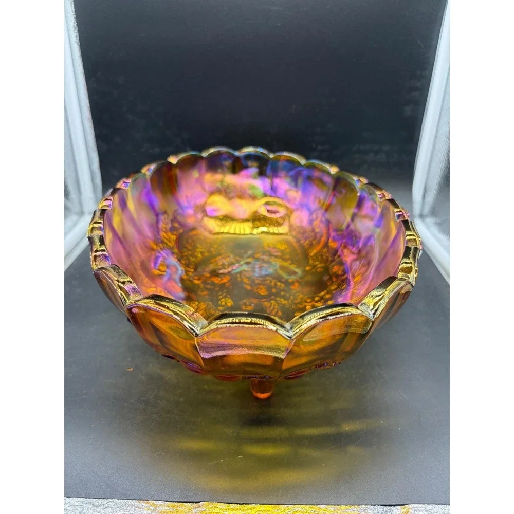 Indiana Glass Harvest Grape Marigold Carnival Glass Footed Oval Bowl Centerpiece